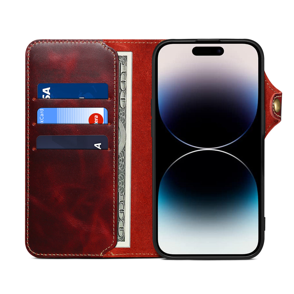 Genuine Vintage Oil-Wax Cowhide Leather Wallet Case for iPhone