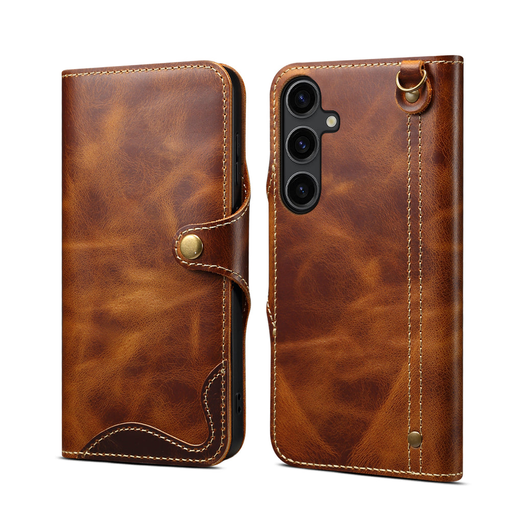 Genuine Vintage Oil-Wax Cowhide Leather Wallet Case for Samsung Galaxy S26 Series