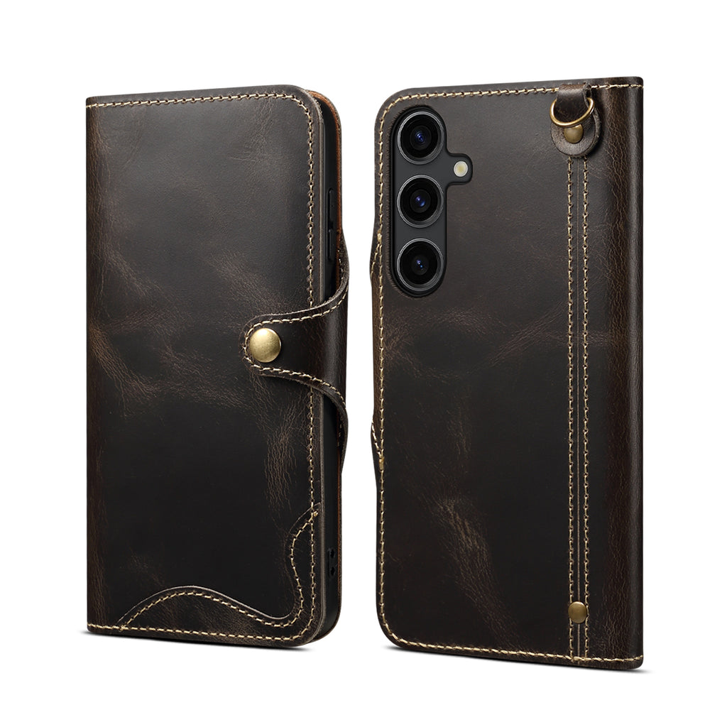 Genuine Vintage Oil-Wax Cowhide Leather Wallet Case for Samsung Galaxy S26 Series
