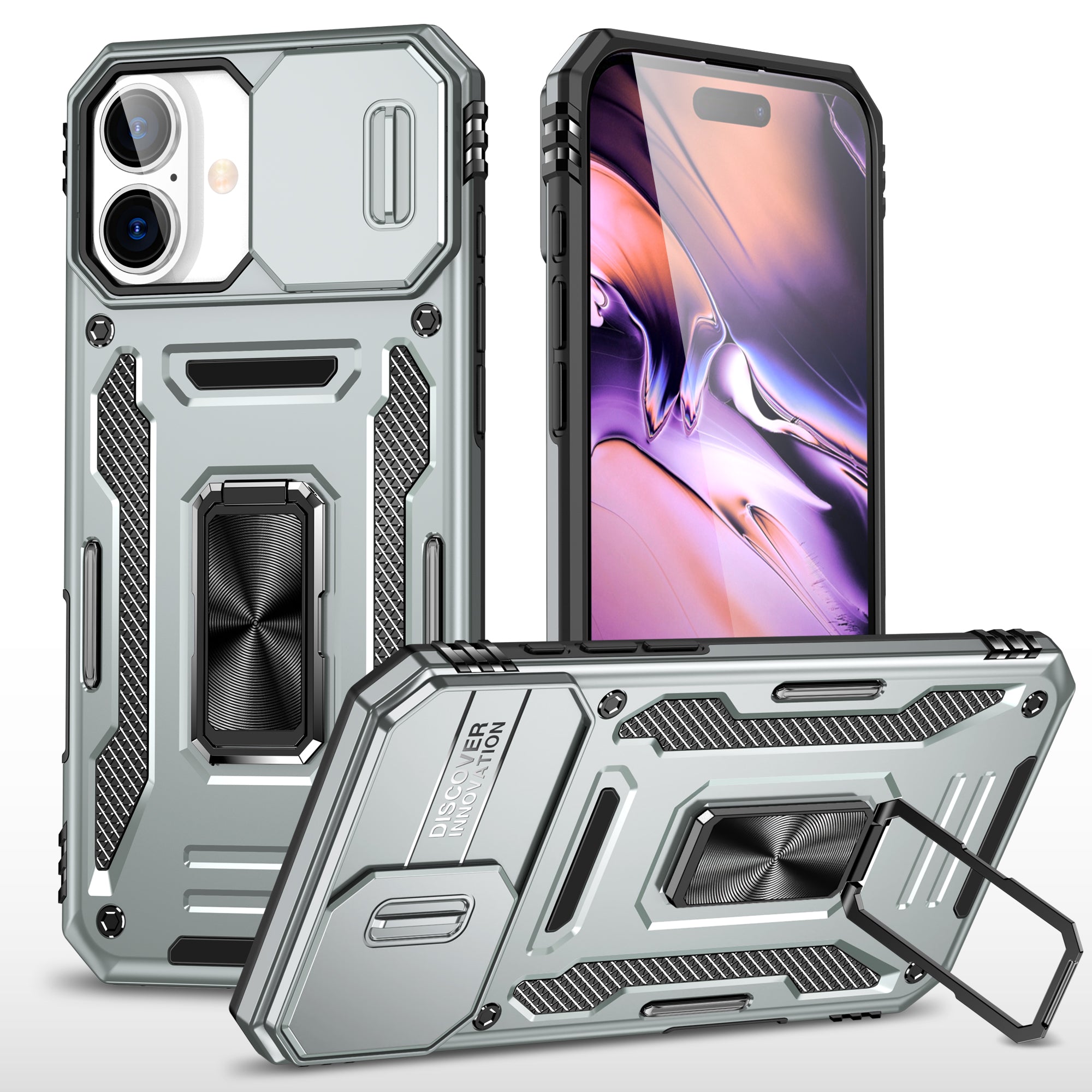 Rugged Shockproof Kickstand Case with Camera Protection for iPhone 17 / 16 / 15 / 14 / 13 Series
