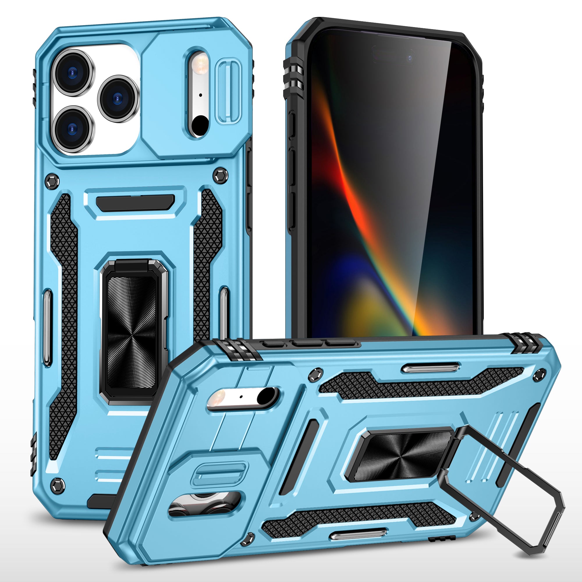 Rugged Shockproof Kickstand Case with Camera Protection for iPhone 17 / 16 / 15 / 14 / 13 Series