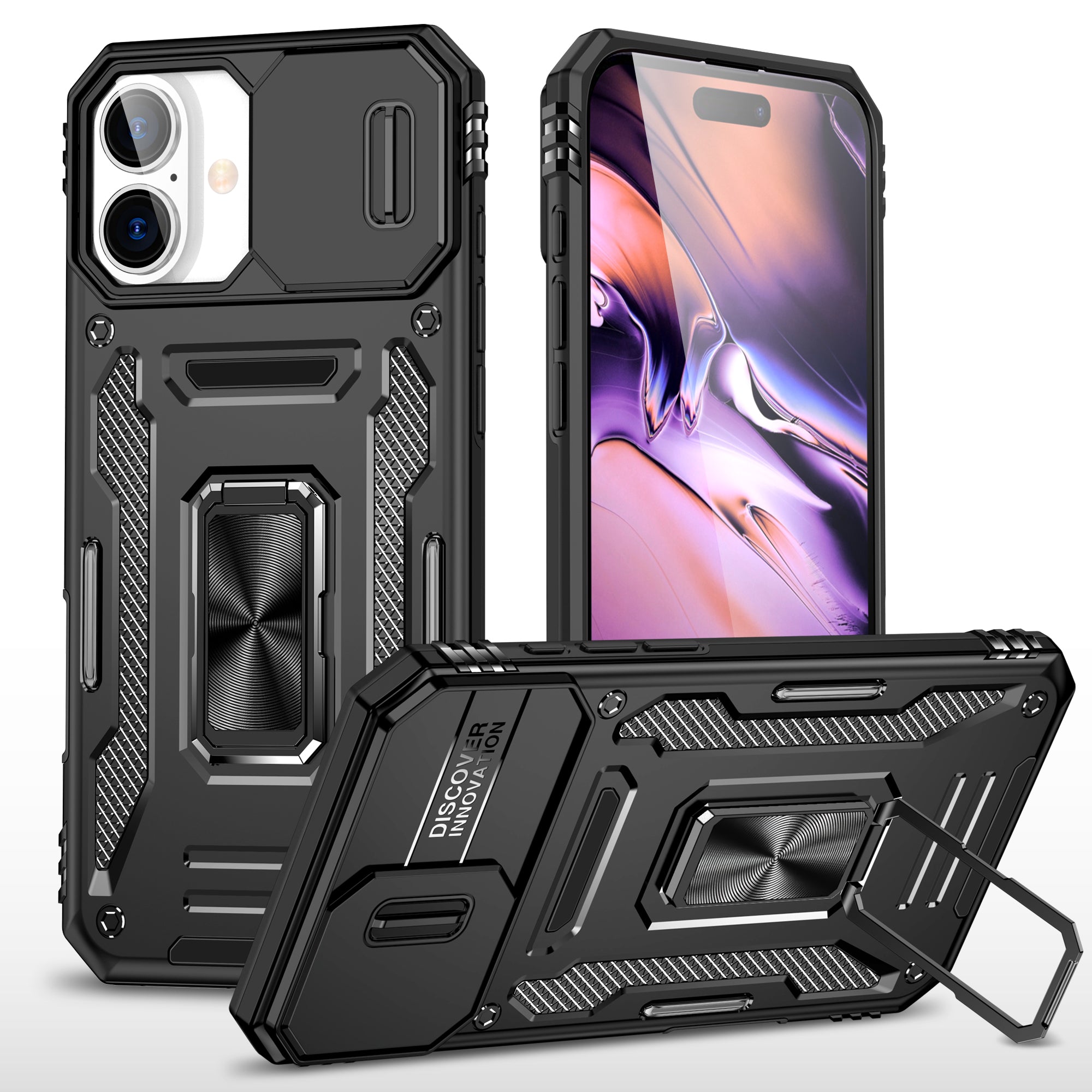 Rugged Shockproof Kickstand Case with Camera Protection for iPhone 17 / 16 / 15 / 14 / 13 Series