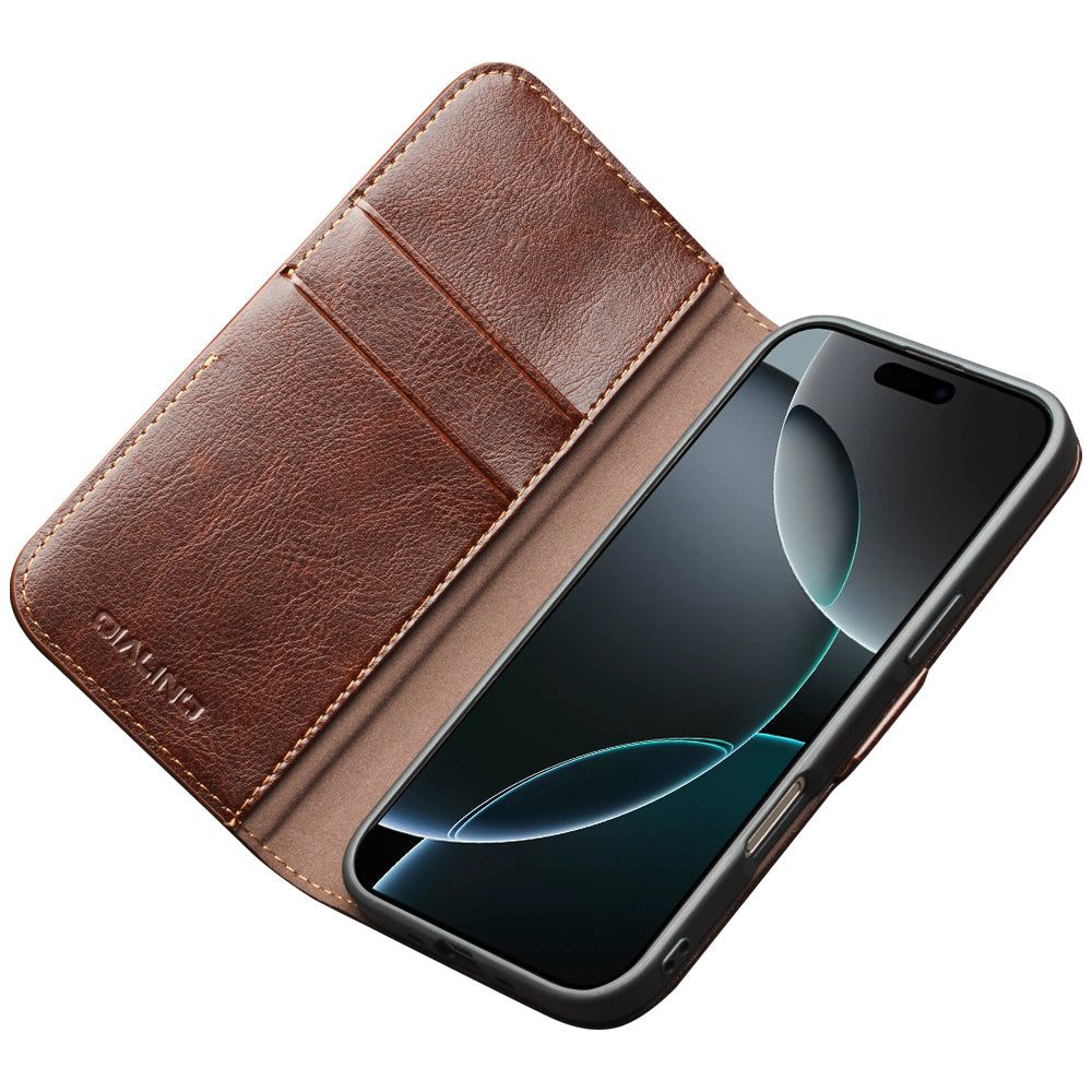 MagSafe Compatible CornerMaple Premium Genuine Leather Wallet Case for iPhone 17 / iPhone Air / iPhone 17 Pro / iPhone 17 Pro Max - Magnetic Flip Cover with Card Holder