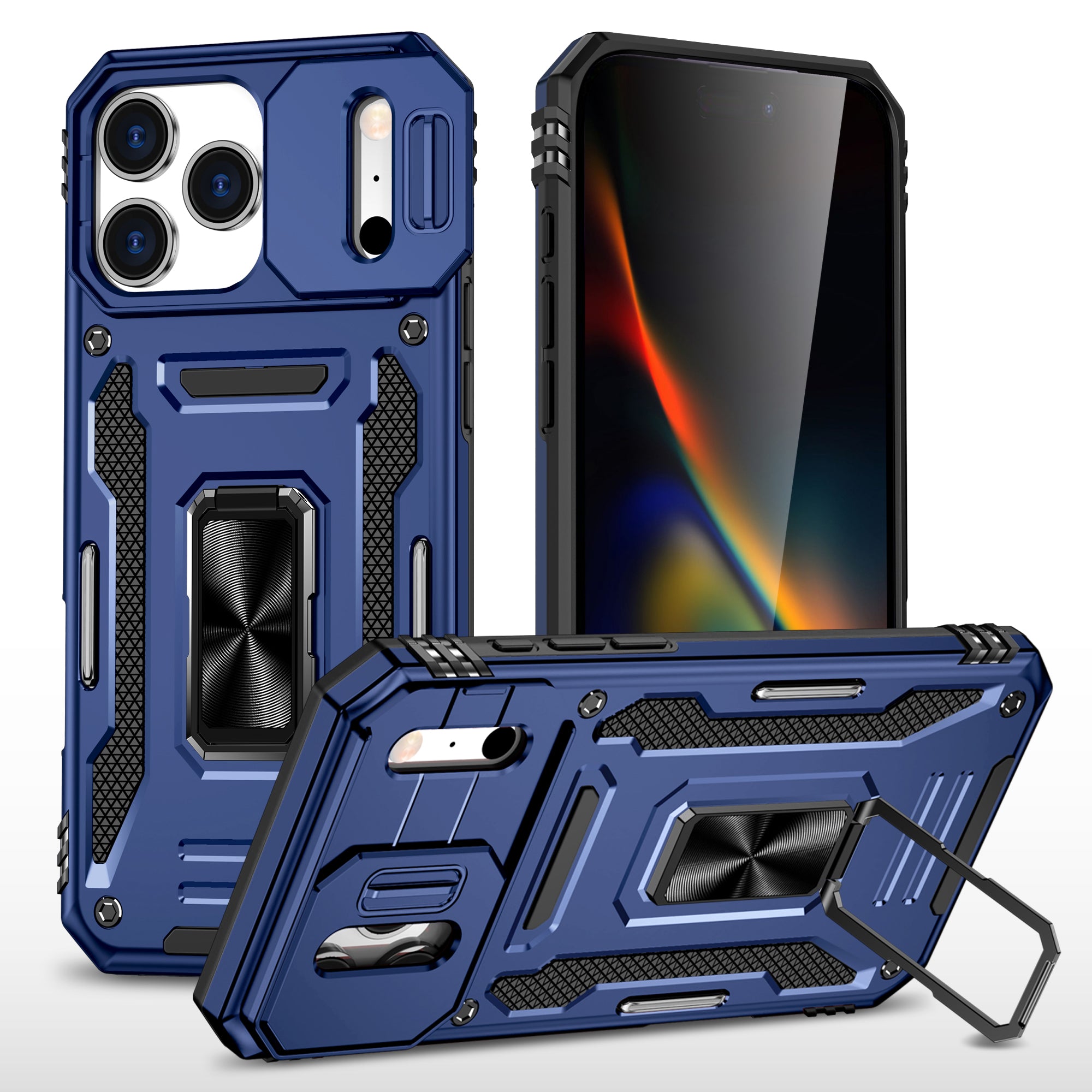 Rugged Shockproof Kickstand Case with Camera Protection for iPhone 17 / 16 / 15 / 14 / 13 Series