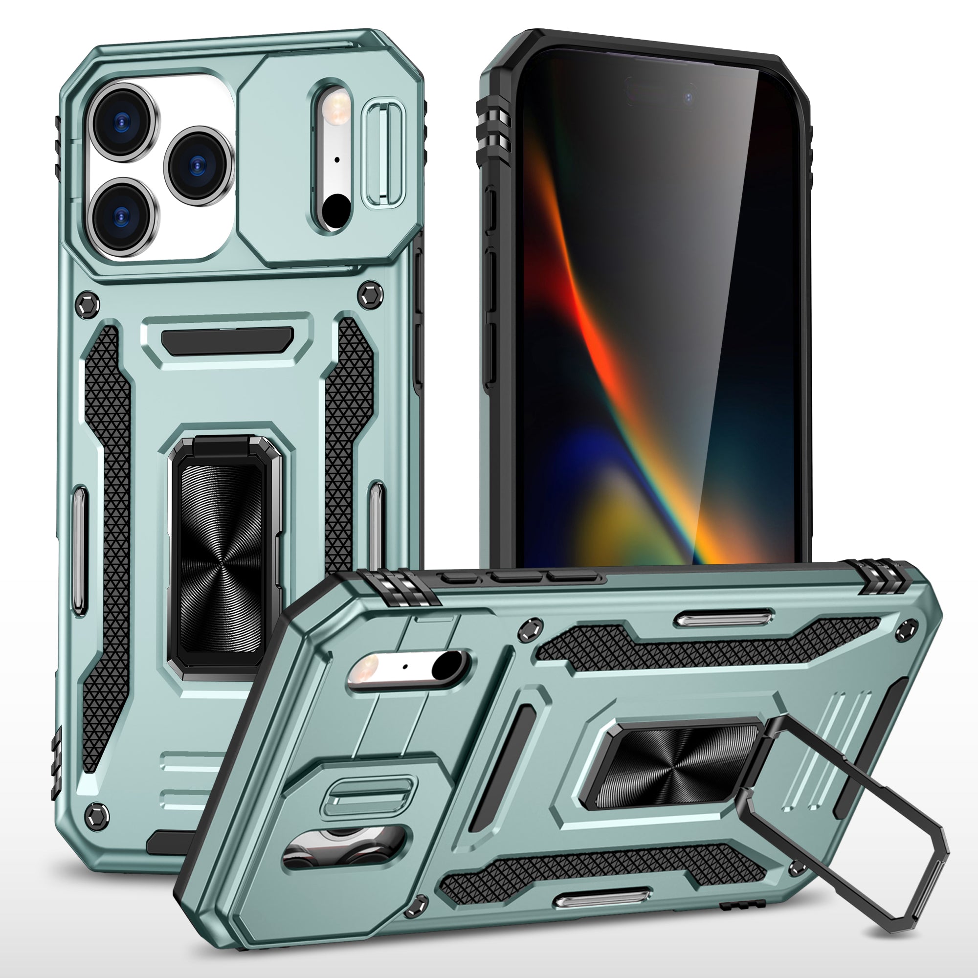Rugged Shockproof Kickstand Case with Camera Protection for iPhone 17 / 16 / 15 / 14 / 13 Series