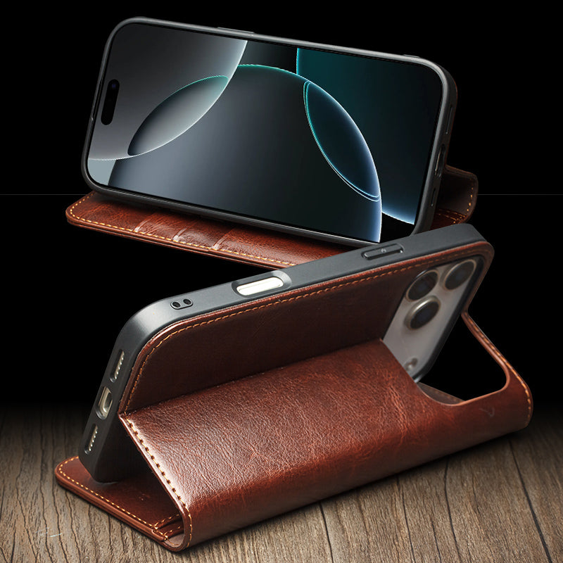 CornerMaple Premium Genuine Leather Wallet Case for iPhone- Magnetic Flip Cover with Card Holder